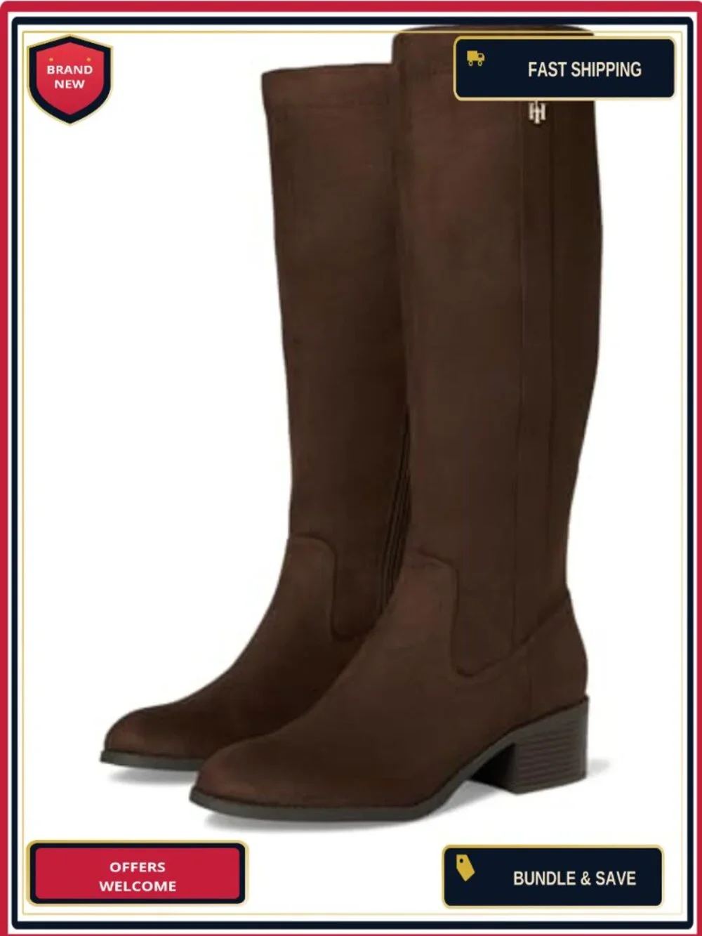 Tommy Hilfiger Women's Faux Fur Lined Knee High Block Heel Boots Pointed Toe Zip